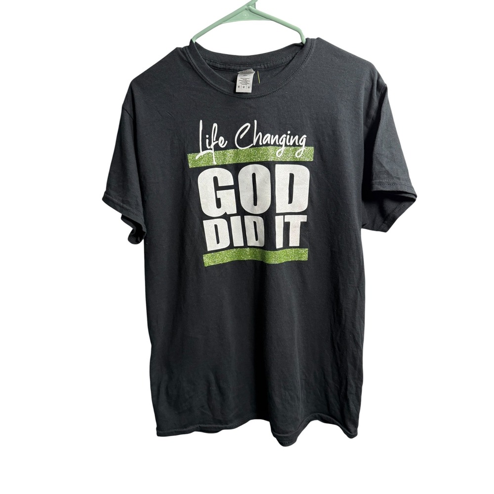 Gildan Heavy Cotton Mens Medium Life Changing God Did It Graphic T-Shirt Black